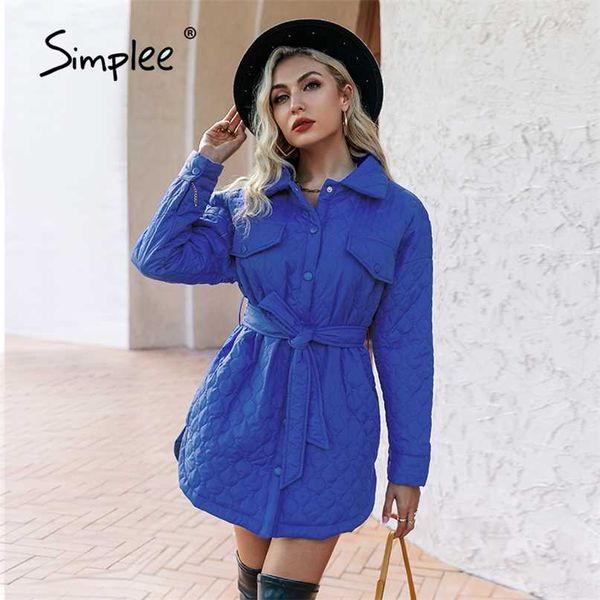Elegante azul real bolsillo fajas mujer invierno parka Oficina camisa cuello moda abrigos acolchados Za chaqueta de abrigo casual 211008