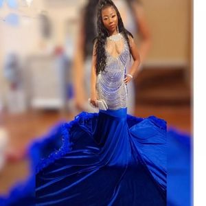 Elegante koningsblauwe galajurken voor zwarte meisjes 2024 luxe strass kwastje veren feestjurk vestidos de gala
