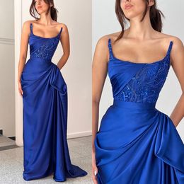 Élégant bleu royal robes de bal sans bretelles dos nu robe de soirée en satin paillettes perles plis formelle longue occasion spéciale robe de soirée