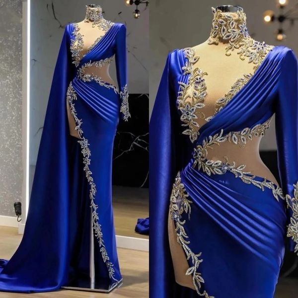Élégante robe de bal en satin bleu royal avec dentelle argentée 2022 col haut devant fendu femmes africaines fête d'anniversaire robe de soirée sirène robe de soirée Aso Ebi Styles