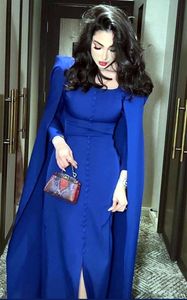 Élégant bleu royal gaine robes de soirée avec cape manches longues col carré avant fendu simple robe de bal bouton couvert 2024 Dubaï femmes robes d'occasion formelles