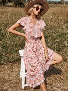 Roze V-hals zomerbloemen Korte mouw Maxi-jurk voor vrouw Robe sexy jurk