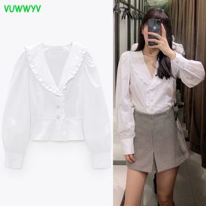 Elegante volante gema botón arriba camisas para mujeres primavera moda casual cuello mujer manga larga puff hombro tops 210430