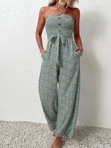 Elegant Ruffle Rucched Jumpsuit Vintage For Women Robe Summer sans manches sans manches Flower Print Club Party Sexy 240423