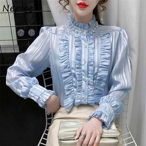 Elegante blusa de trabajo pesado de retazos con volantes para mujer, Blusas sólidas de manga larga con cuello levantado, camisa suelta de primavera Ol 210422