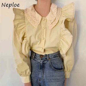 Elegante ruches patchwork slanke blouse vrouwen dubbele pop kraag bladerdeeg lange mouw blusas lente solid shirt 210422