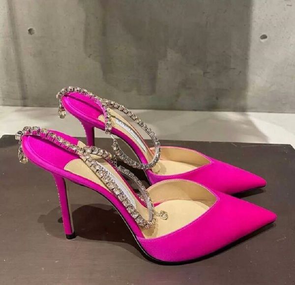 Elegantes sandalias Saeda Zapatos Tobilleras con incrustaciones de cristal Bombas de mujer Tacones de aguja Crytal Verano Sexy Punta estrecha Señora Tacones altos Fiesta Boda Nupcial