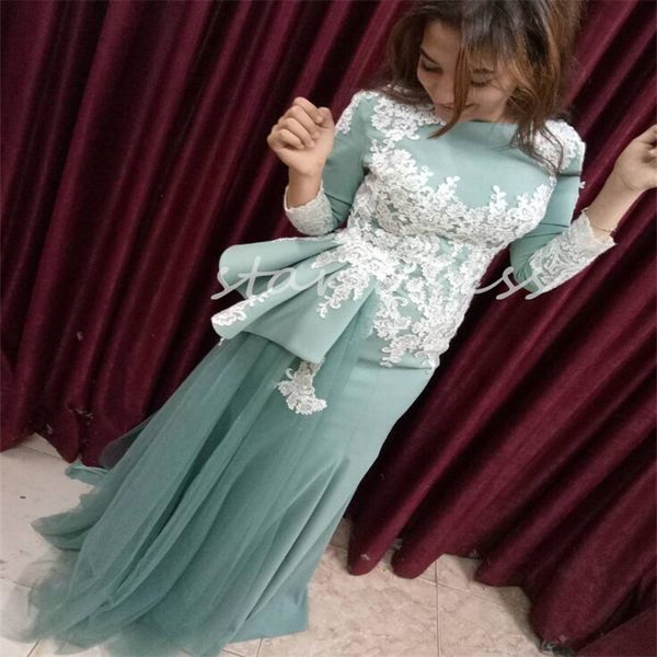 Elegante vestido de noche árabe verde salvia con apliques de tren Vestido de fiesta de sirena de manga larga de encaje Fiesta formal marroquí vintage Marocain du Caftan Robe De Mariage