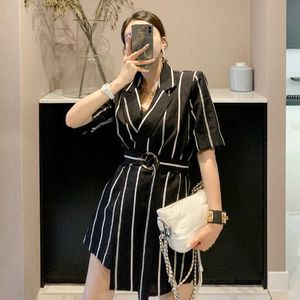 Elegante sjerp riem vrouwen gestreepte playsuits korte mouw vrouwelijke romper jumpsuit lente zomer dames overalls 210529