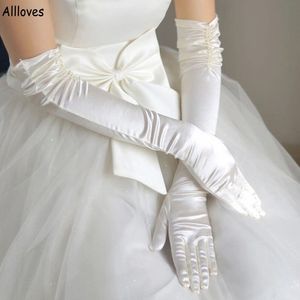Elegant Satin Bridal Gloves For Winter Wedding Red Black White Ivory Long Beaded Full Finger Women Gloves Elbow Length Bride Accessories CL0785