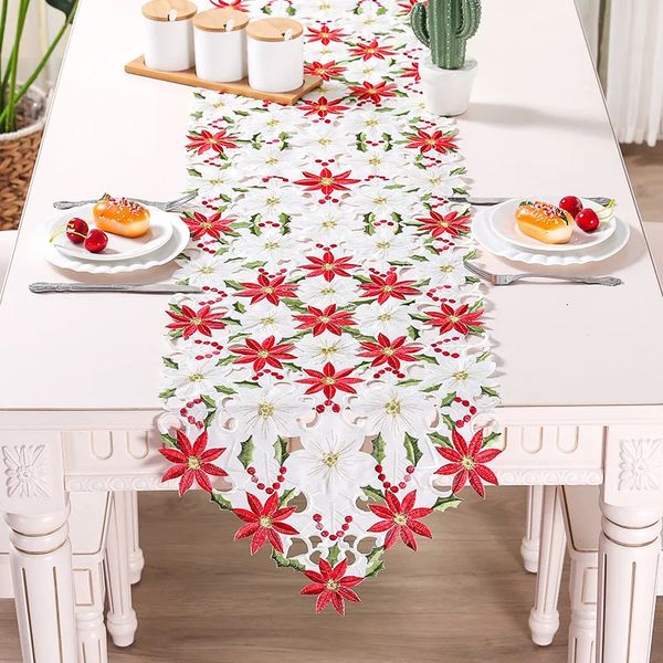 Elegante satén bordado cama de Navidad camino de mesa mantel de encaje para la decoración del banquete de boda decoración floral vintage para el hogar 240307