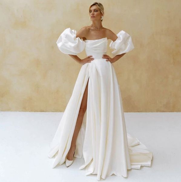 Élégant Satin Soirée Formelle Robe Manches Courtes Bouffantes 2023 Simple Plaine Blanc A-ligne Fente De Bal Fête D'anniversaire Robes De Fiançailles Robe De Soirée