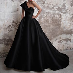 Robes de bal de soirée élégantes en satin longues 2022 robes de soirée noires une épaule Abiye Gece Elbisesi Robes De soirée￩e Vestidos Festa 2022