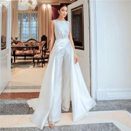 Robe de mariée élégante en satin, combinaison blanche, longue traîne, robes de mariée à dos bas, pantalon simple, costume, robes de mariée sur mesure, 2021