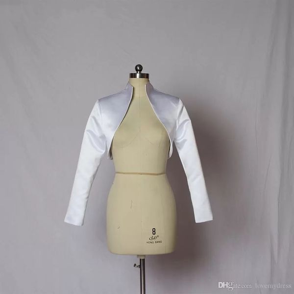 Elegante Satén Boda Nupcial Envuelve Chaquetas Para Novia Manga Larga Diseñador Personalizado Espalda Abierta Boda Bolero