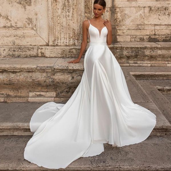 Vestido de novia de satén elegante para mujer, vestido de novia con escote en forma de corazón y tirantes finos, espalda abierta, cola de barrido, 2024