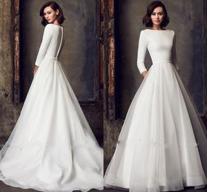 Elegante satijnen trouwjurk voor vrouwen 2023 witte drie quater mouwen a-line zakken vintage bruid jurken eenvoudige mantel de mariiee