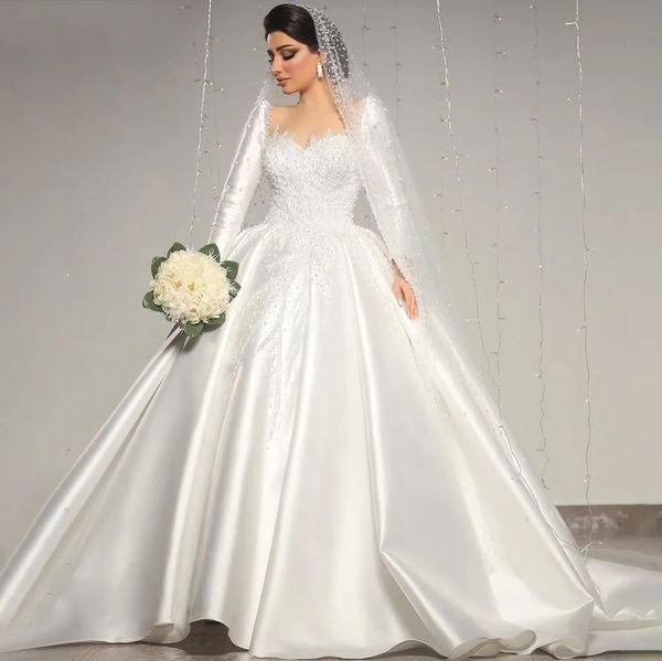 Elegante vestido de novia de lujo blanco satinado 2024 cuello transparente perlas con cordones vestido de novia árabe Bubai vestidos por encargo de Noiva