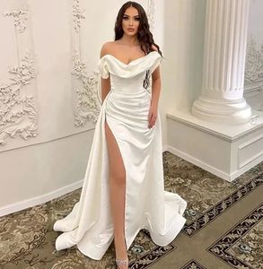 Elegante Satijnen Vrouwen Trouwjurk Voor Bruid Linten Prinses Backless Off Schouder Hoge Split Civiele Bruidsjurken Vestidos De Novia 2024 Customzie