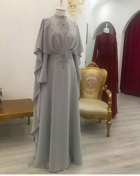 Élégant Arabie Saoudite Argent Robes De Soirée Col Haut Appliques En Mousseline De Soie Longue Robe De Soirée Pour Les Femmes Portent De Grande Taille Musulman Robes De Bal Pas Cher