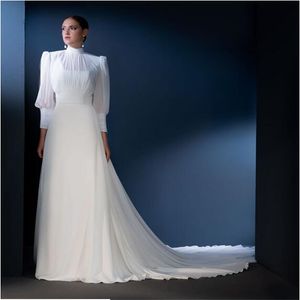 Élégant Arabie Saoudite Naturel Ivoire Robe De Mariée Une Ligne Hight Décolleté 2 Pièce Manches Longues En Mousseline De Soie Plage Chapelle Train Robe De Mariée U-Shape Brides Pour Lady 2023