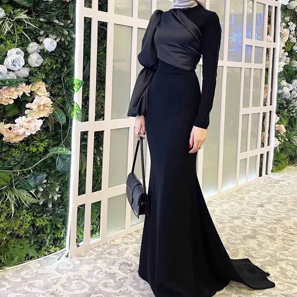 Vestidos de Noche elegantes de Arabia Saudita para mujer, vestido Formal de manga larga fruncido, tren de barrido, vestido de satén de Dubái Met Gala 2022