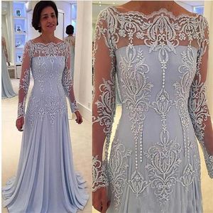 Élégant Scoop A-ligne en mousseline de soie robes de mères perles perles dentelle appliques illusion manches longues mère des robes de mariée soirée323m