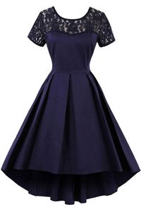 Homecoming-jurk Elegant schep pure kanten halslijn en korte mouw A-lijn plooien Hoog lage rok marineblauw prom jurk nachtclubjurk met korte prom jurk