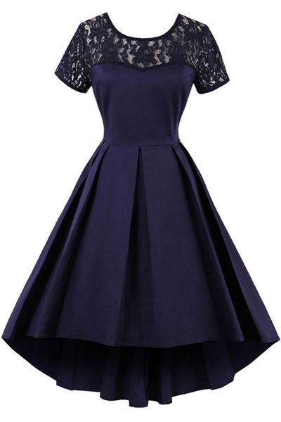 Vestido de bienvenida Elegante SCOOP Sheer Lace Escote de encaje y manga corta A-Line Plises High Low Skirt Navy Blue Gown Vestido nocturno Club nocturno