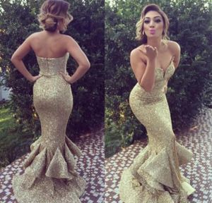 Elegante lovertjes prom -jurken Sparkly Champagne -pailletten Mermaid Fit Evening Pageant Party Jurken Plunging Sweetheart Neck Ruffle8579902