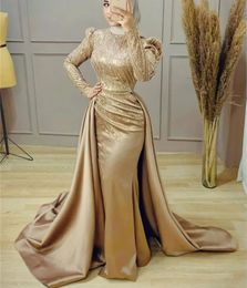 Paillettes élégantes perles robes de soirée musulmanes Hijab islamique longue sirène robes d'occasion formelles pour les femmes 2024 train détachable manches longues robe de bal champagne