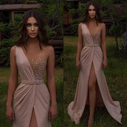 Elegante pailletten avondjurken illusie kralen nek feest prom prom front splitste plekken lange jurk voor speciale ocn