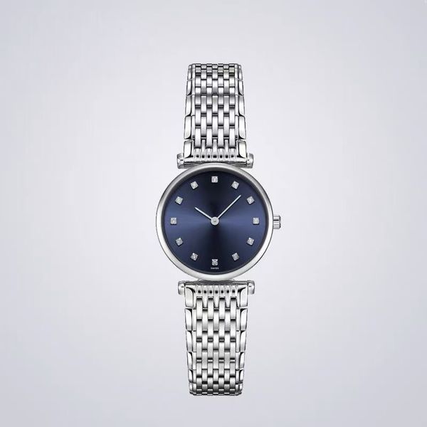 Montre à mouvement à quartz pour hommes et femmes de la série élégante, boîtier rond en argent, cadran bleu, marque de temps en diamant, bracelet en acier inoxydable, montres pour dames en saphir 33 mm 24 mm