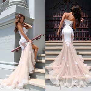 Elegante Sexy Formele Jurken Avond Part Toga Mermaid Prom Dress Lange Ivory en Naakt Cut Sweetheart Hals Lace Applicaties Pageant Wear