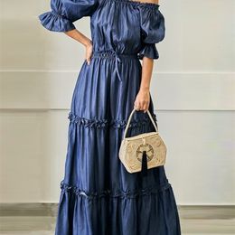 Robe longue à volants, élégante et Sexy, épaules dénudées, Maxi, manches mi-longues, Bandage, taille élastique, couleur unie, été 2024, 240306