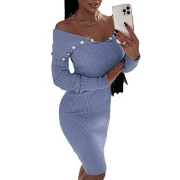 Élégant Sexy Bureau Crayon Moulante Robe De Soirée Femmes Automne Hiver Bouton Décontracté Tricoté À Manches Longues Solide Mince Robe Midi Vêtements