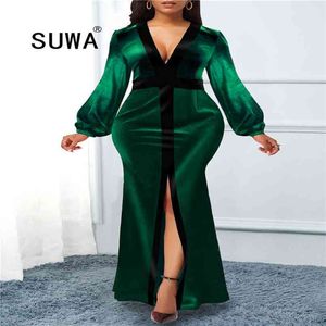 Élégante sexy col en V haute fente fête robes de mariée femmes décontracté plus taille mince velours sirène maxi robes 5XL gratuit 210525