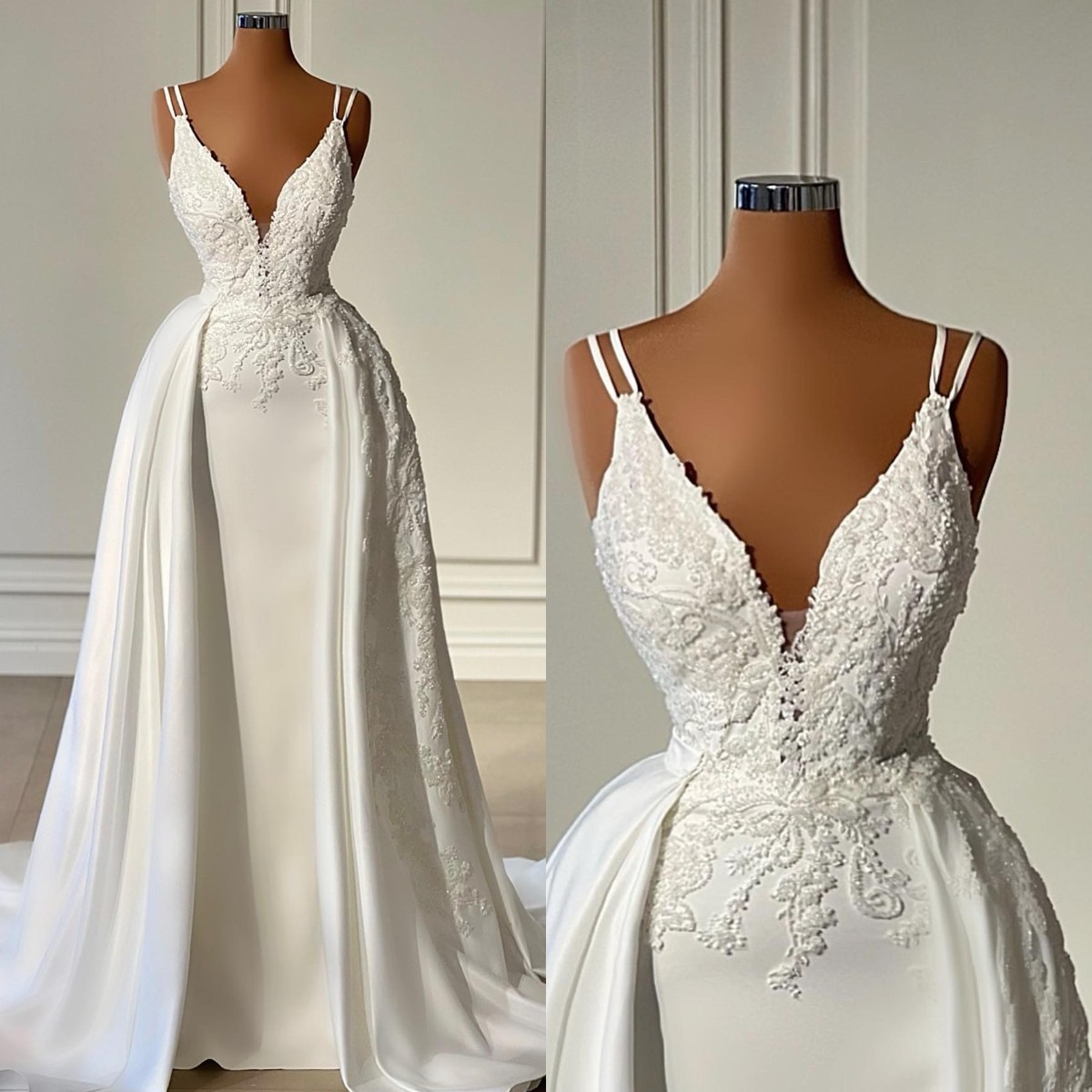 Eleganta mantelklänningar för brud v hals bröllopsklänning med löstagbar kjol spetsapplikationer mantel de mariee brudklänningar