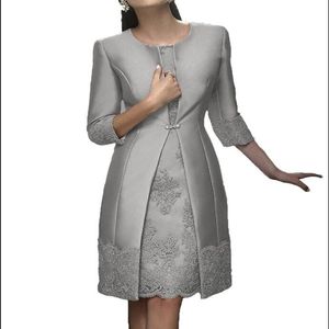 Elegante vaina corta Madre ropa formal con chaqueta Vestido de invitado de boda de encaje de satén 2018 Mother of the Bride Dress traje Go 265s