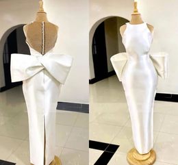 Elegante vaina blanca Vestido de cumpleaños de la noche blanca 2024 o Neck Big Bow Illusion Button