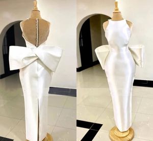 Élégant gaine Robe d'anniversaire du soir blanc 2024 o cou Big Bow illusion boutons dos en satin de bal robe de fête de bal formelle de soirée
