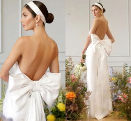 Elegante vaina mujeres vestidos de novia 2024 gran arco sin espalda sin tirantes simple satén desfile nupcial crecidos Vestidos De Novia Robe De Soiree