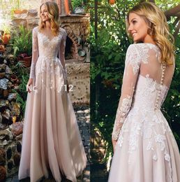 Robes de mariée élégantes à manches longues en dentelle Boho 2020 Tulle Applique longueur de plancher robes de mariée robe de mari￩e avec boutons