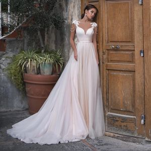 Robe De mariée élégante ligne A, col transparent, manches cape, perles, dos nu, ceinture De ruban, style Boho, 326 326