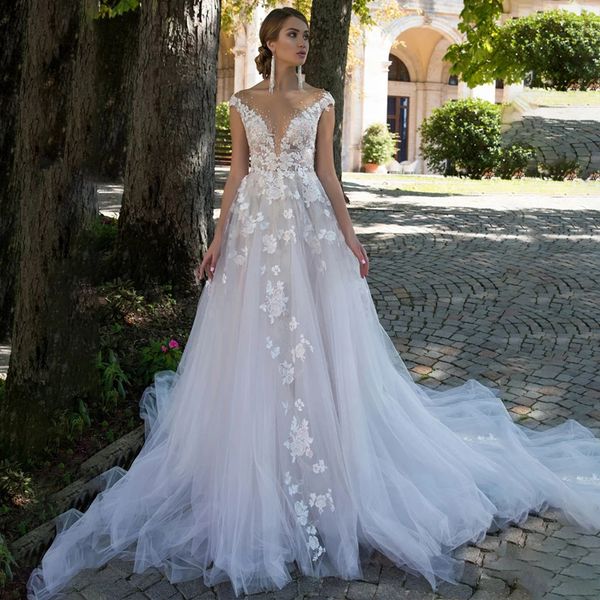 Élégant col transparent une ligne robes De mariée dentelle Appliques perle robe De mariée voir à travers le bouton dos Vestidos De Novia pour la mariée