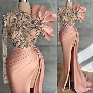 Robe de bal de forme sirène, élégante, manches longues, fente avant, traîne de balayage, Satin rose, robes d'occasion formelles, 2024