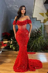 Elegante Shine 3D-LACE Mermaid-avondjurken Leg de schouderapliques Slim Fit Sweep Train Prom-jurken op maat gemaakt gemaakt