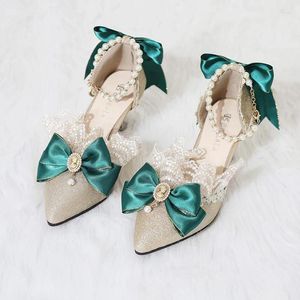 Elegante schoenen sandalen lolita prinses 402 Punted teen dunne satijnen hoge hakken groene bruiloft dames jurk schoen cosplay anime sweet girls k 88