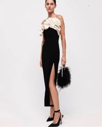 Elegante korte zwarte crêpe avondjurken met spleethuls mouwloos boven enkellengte ritssluiting back prom jurken voor vrouwen