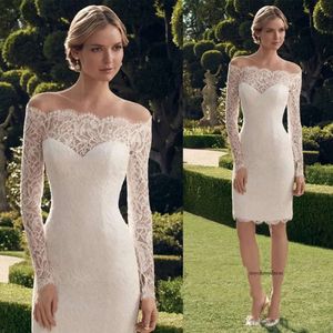 Elegante korte landelijke jurken goedkoop van de schouder lange mouwen lange mouwen kanten l Bodice vestidos de novia bruiloft bruidsjurken 0521